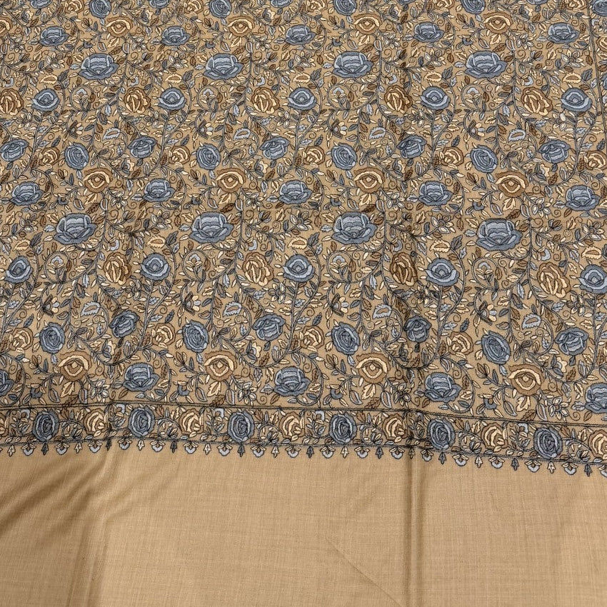 Beautiful Sozni embroidery shawl in beige with blue embroidery 