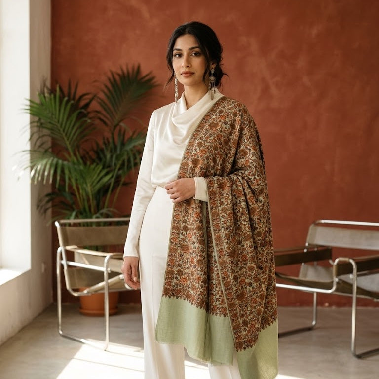 Sozni green shawl in sage green