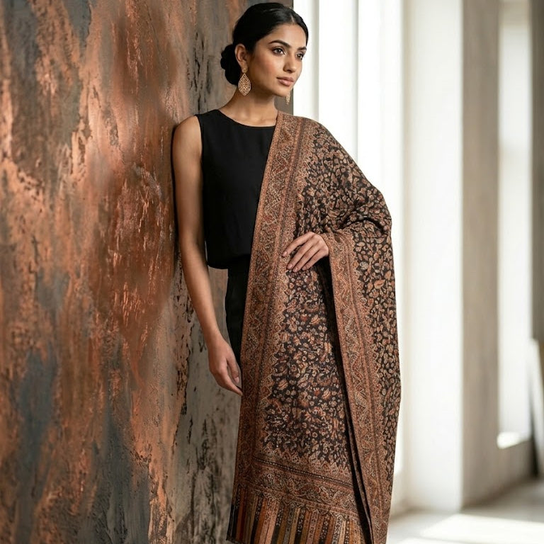A woman models a brown and black patterned shawl draped over her shoulders, paired with a black sleeveless top and black pants, standing against a textured copper-colored wall.