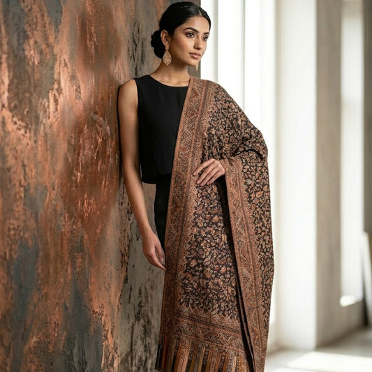 A woman models a brown and black patterned shawl draped over her shoulders, paired with a black sleeveless top and black pants, standing against a textured copper-colored wall.