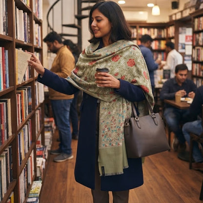 A woman in a cozy bookstore aisle wearing a green floral shawl, navy coat, and carrying a brown leather handbag, while reaching for a book on a tall wooden shelf.
