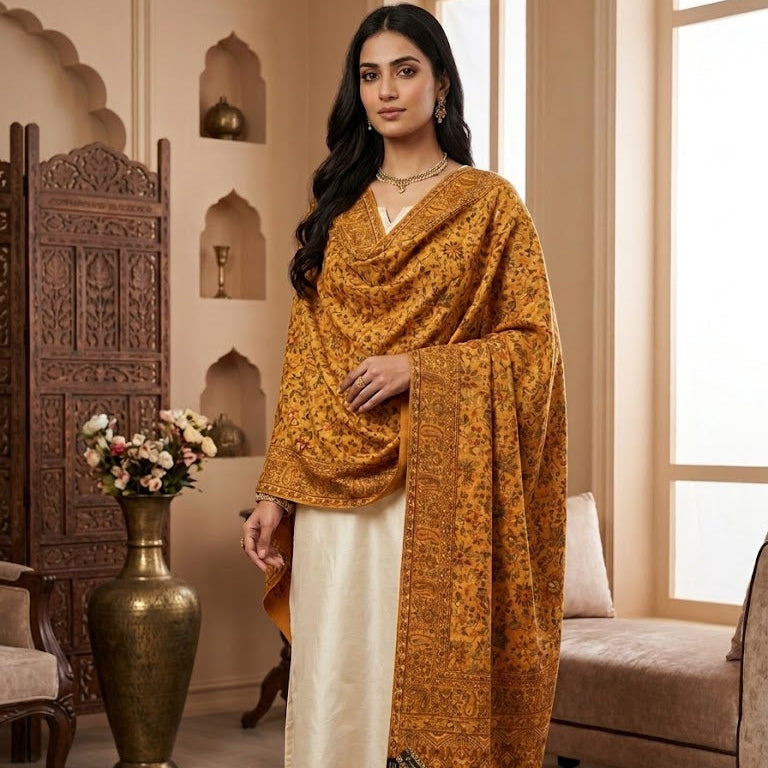 A woman models a traditional Indian outfit featuring a mustard yellow and gold patterned shawl draped over a cream-colored kurta, set in a warm, decorated room with a carved wooden screen and a large brass vase.