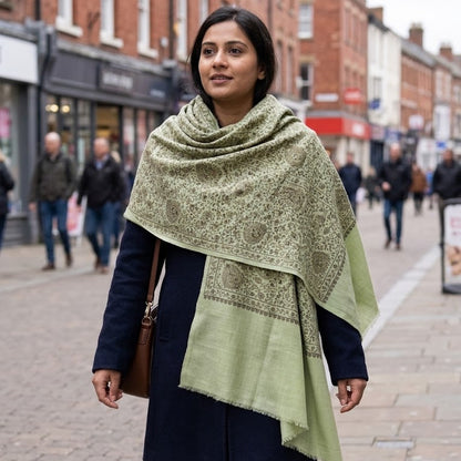 A woman walking on a city street wearing a light sage green shawl with a subtle beige pattern, styled over a dark navy coat.
