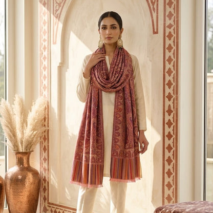 A woman models a long, dusty rose pink shawl with intricate gold and orange paisley patterns, draped over a cream-colored kurta and trousers set in an ornate, sunlit room with arches and a decorative copper vase.