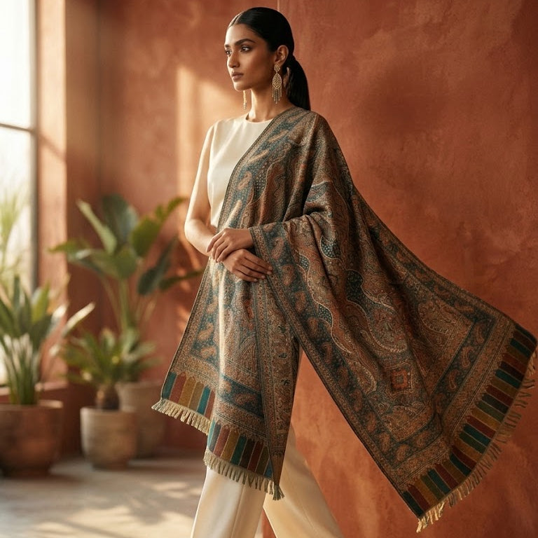 A woman models a large patterned shawl with fringe trim over a cream-colored outfit in a warm, sunlit room with terracotta walls and potted plants.