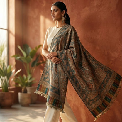 A woman models a large patterned shawl with fringe trim over a cream-colored outfit in a warm, sunlit room with terracotta walls and potted plants.
