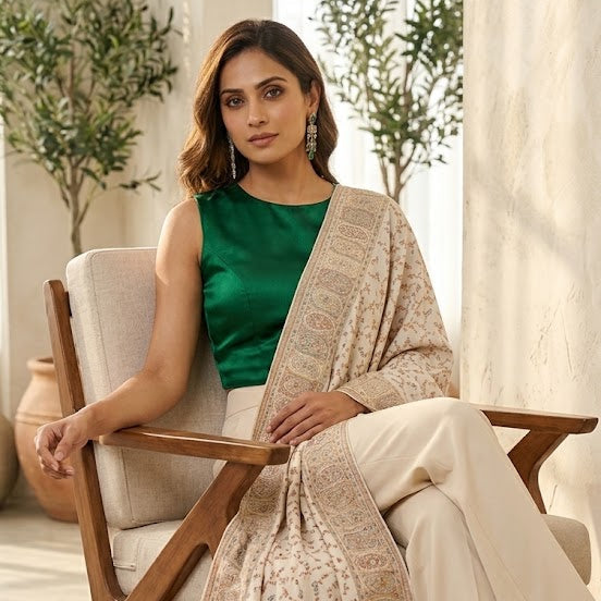 A woman sits in a wooden armchair wearing a green sleeveless top, cream wide-leg trousers, and a beige patterned shawl draped over her lap in a bright indoor setting with plants and curtains.