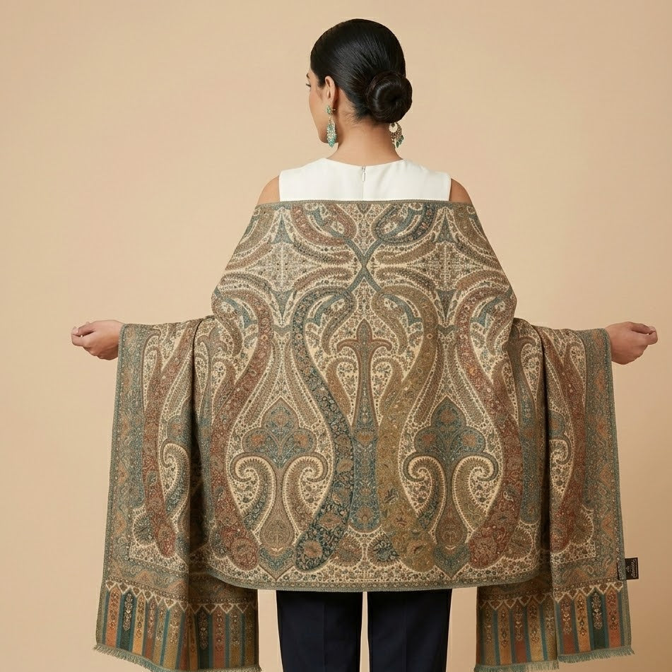 Woman wearing a large patterned shawl on a beige background