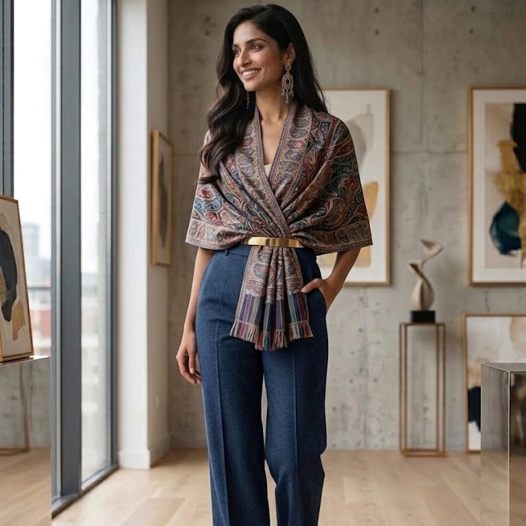 A woman models a stylish outfit consisting of a multicolor patterned wrap top and navy blue wide-leg trousers, styled with a gold belt and teal heels in a modern loft setting.