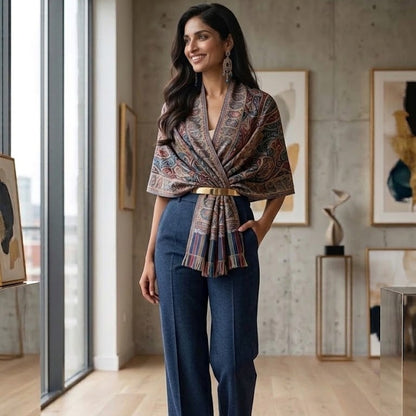 A woman models a stylish outfit consisting of a multicolor patterned wrap top and navy blue wide-leg trousers, styled with a gold belt and teal heels in a modern loft setting.