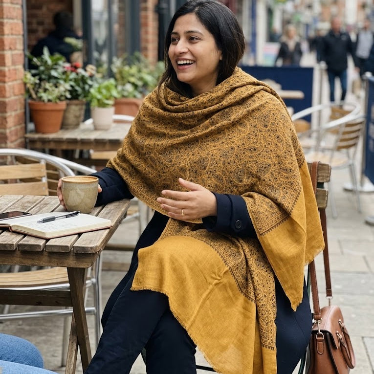 Mustard Sozni Shawl in Jaal Embroidery