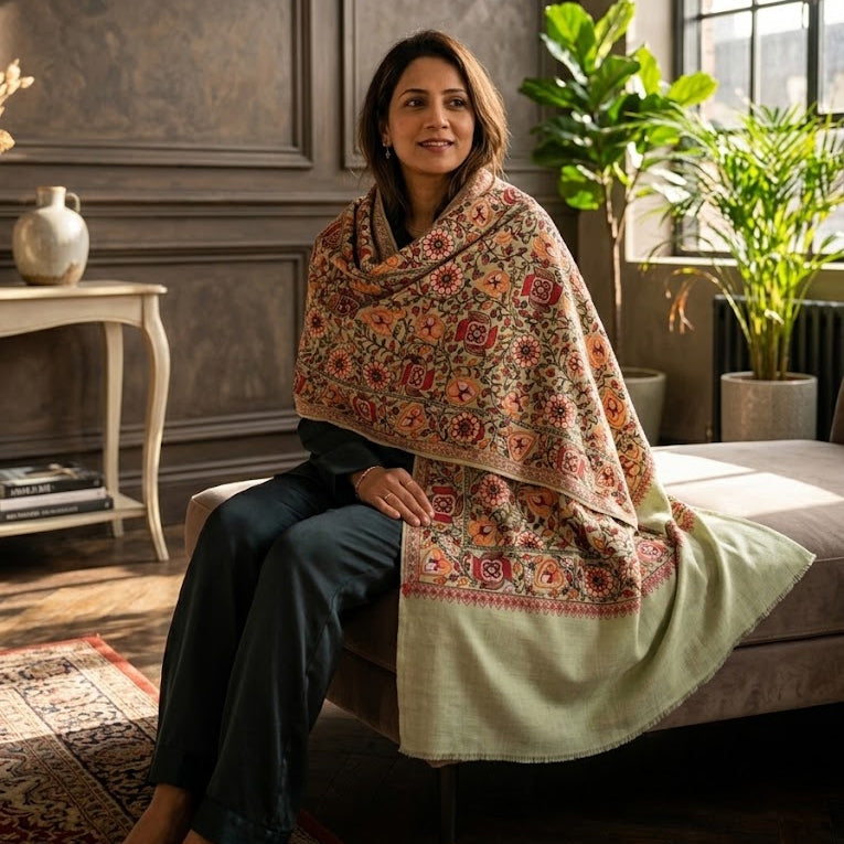 A woman sits on a bench in a sunlit room, wrapped in a large patterned shawl with a pale green border. The shawl features intricate floral and geometric motifs in red, orange, and beige tones.