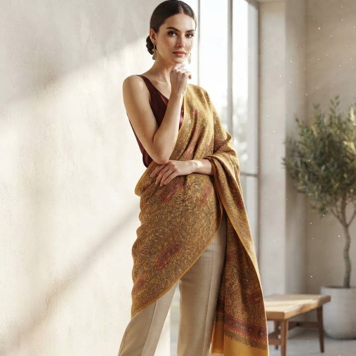 A woman models a mustard yellow patterned shawl draped over her shoulders, paired with a dark brown sleeveless top, beige cropped trousers, and beige heels in a sunlit minimalist room.