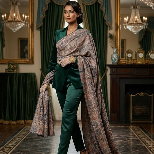 Woman in a green outfit with a long, patterned shawl in an elegant room with mirrors and decorative items.