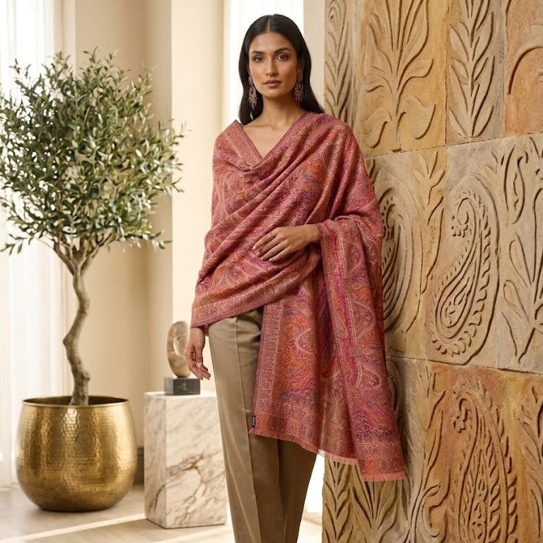 A woman models a dusty pink and red patterned shawl draped over her shoulders, paired with beige trousers, standing in a warm, sunlit room next to a carved wooden wall panel.