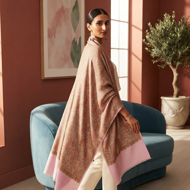 A woman models a long, draped shawl with a dusty rose and light pink color-blocked design, styled over cream trousers in a warm, modern living room setting.