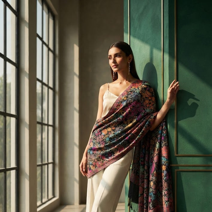 Black Multicolor Kani Wool Stole
