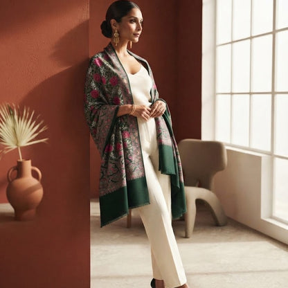 A woman stands in a sunlit interior wearing a white jumpsuit and a dark green shawl with a pink and gold floral pattern. She is posed next to a terracotta-colored wall and a large window.