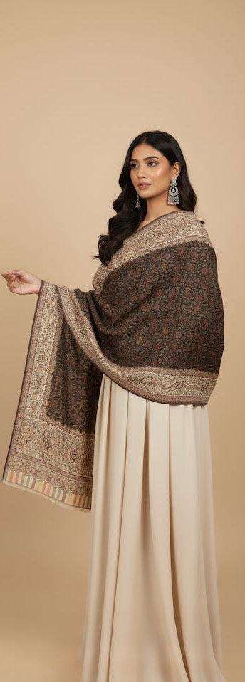 Woman holding a patterned shawl over her shoulders against a beige background