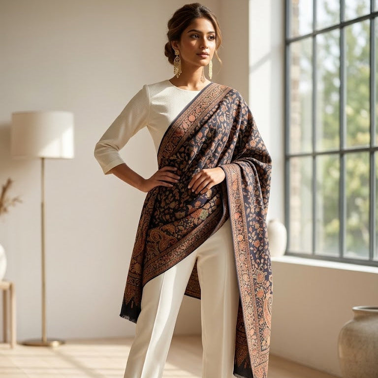 A woman stands in a bright, modern room wearing a white outfit and a large patterned shawl draped over her shoulders. The shawl has an intricate paisley design in dark brown, black, and muted gold tones.