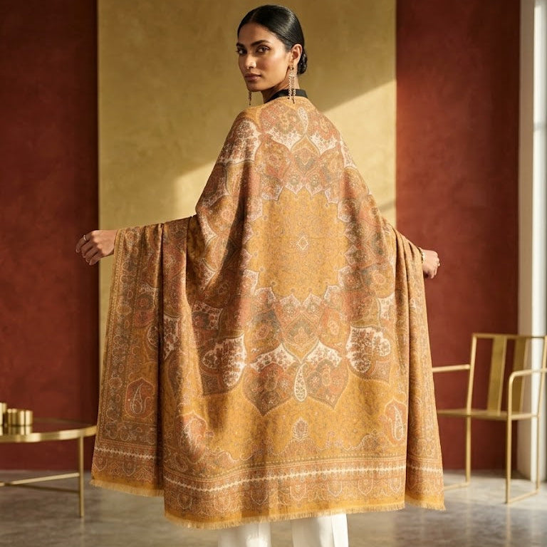 A woman stands with her back to the camera wearing a large mustard yellow shawl with an intricate brown and beige geometric pattern, styled over white trousers and black heels in a warm-toned indoor setting.