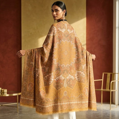 A woman stands with her back to the camera wearing a large mustard yellow shawl with an intricate brown and beige geometric pattern, styled over white trousers and black heels in a warm-toned indoor setting.