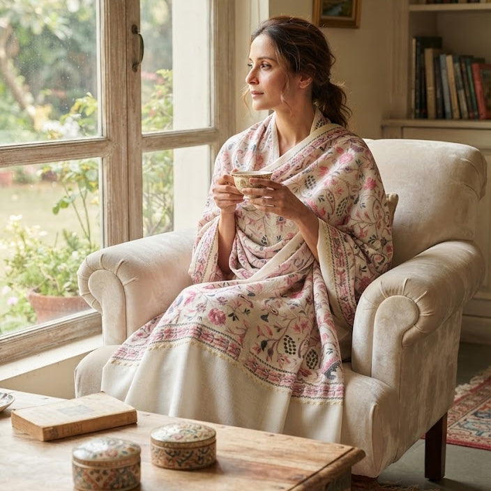 A woman sits in a cream armchair by a window, wrapped in a light pink and beige floral shawl or kurta set, holding a cup. A carved wooden table with decorative boxes is in the foreground, with a bookshelf and greenery visible in the background.
