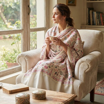 A woman sits in a cream armchair by a window, wrapped in a light pink and beige floral shawl or kurta set, holding a cup. A carved wooden table with decorative boxes is in the foreground, with a bookshelf and greenery visible in the background.