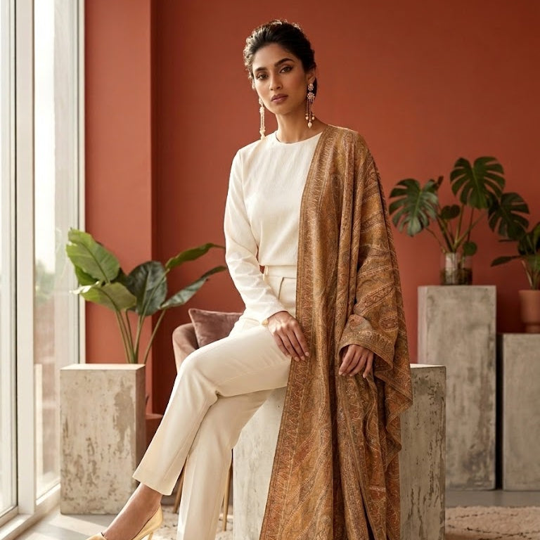 A woman models a cream-colored two-piece outfit with matching trousers and a draped brown patterned shawl in a modern interior setting with terracotta walls and potted plants.