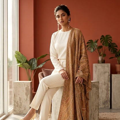 A woman models a cream-colored two-piece outfit with matching trousers and a draped brown patterned shawl in a modern interior setting with terracotta walls and potted plants.