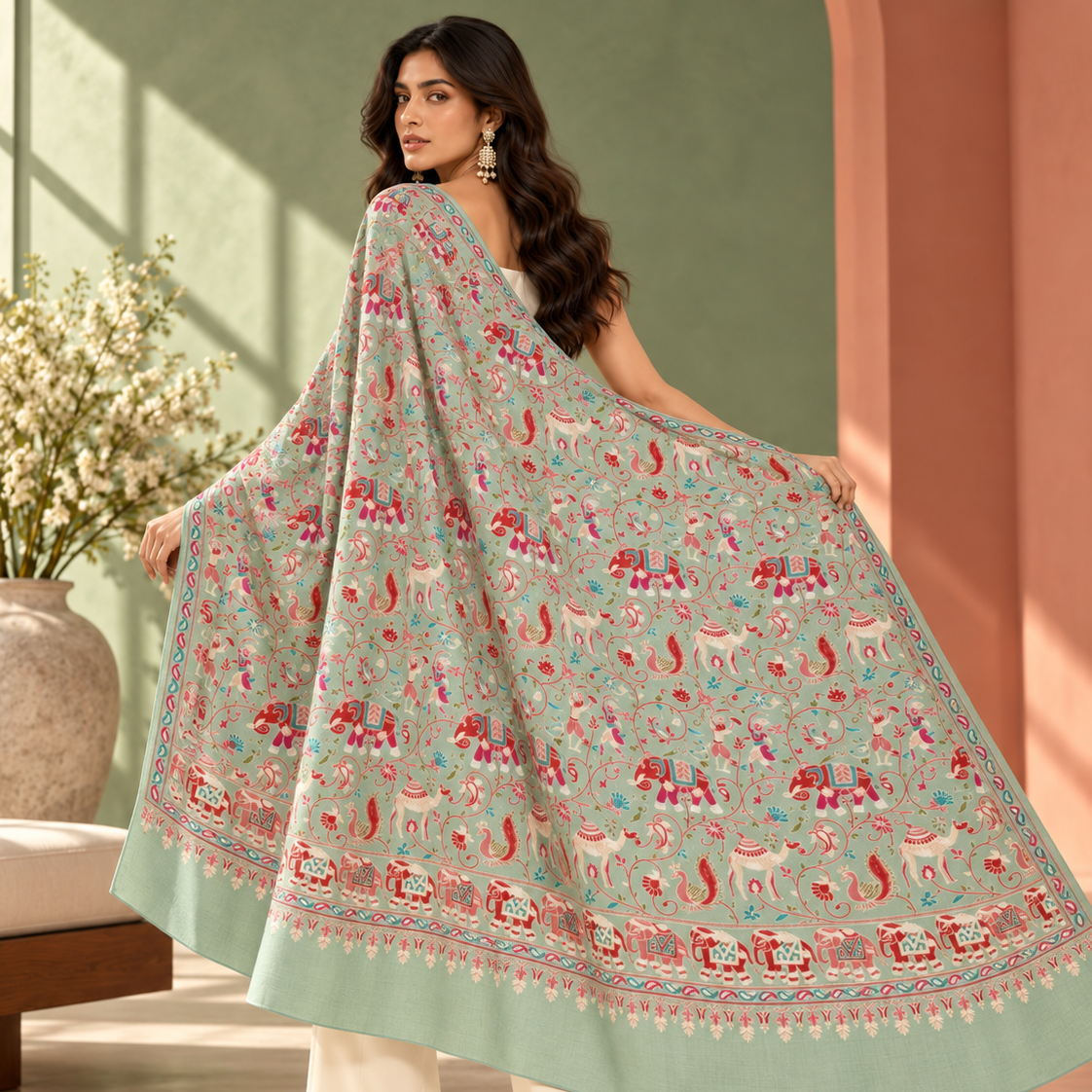 A woman modeling a mint green salwar suit set with a heavily embroidered dupatta featuring red, pink, and white motifs, paired with white pants and gold heels in a warm-toned indoor setting.