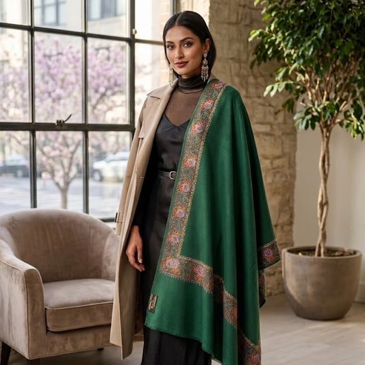 Green Sozni Shawl with Roses Embroidery in Borders