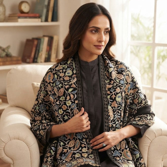 A woman seated in a cream armchair wearing a black kurta with a heavily embroidered shawl featuring beige, gold, and muted blue floral motifs. A cup and notebook sit on a side table in the foreground.