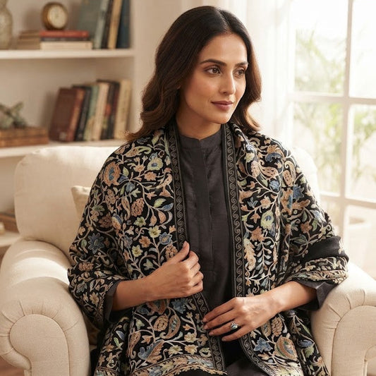 A woman seated in a cream armchair wearing a black kurta with a heavily embroidered shawl featuring beige, gold, and muted blue floral motifs. A cup and notebook sit on a side table in the foreground.