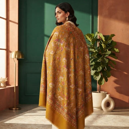 A woman stands in profile wearing a large mustard yellow shawl with an intricate multicolor paisley pattern over white trousers in a styled indoor setting with a green door and potted plant.
