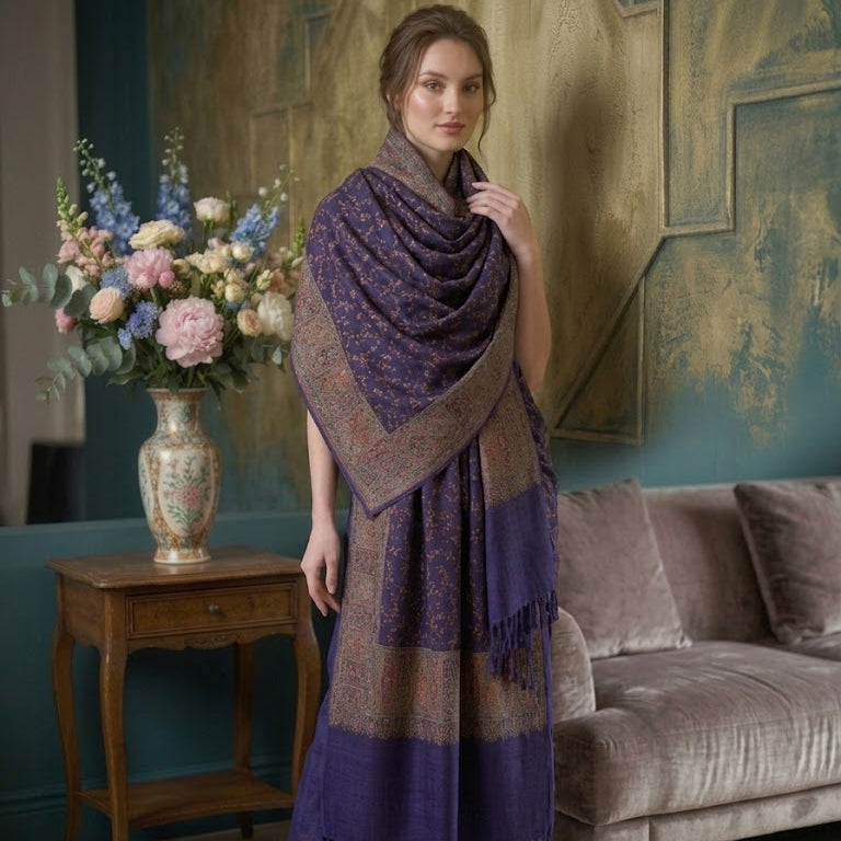 A woman models a luxurious draped shawl and wide-leg trousers set in a styled living room. The set features a deep purple and brown patterned shawl with fringe, paired with matching wide-leg trousers in a rich purple shade.