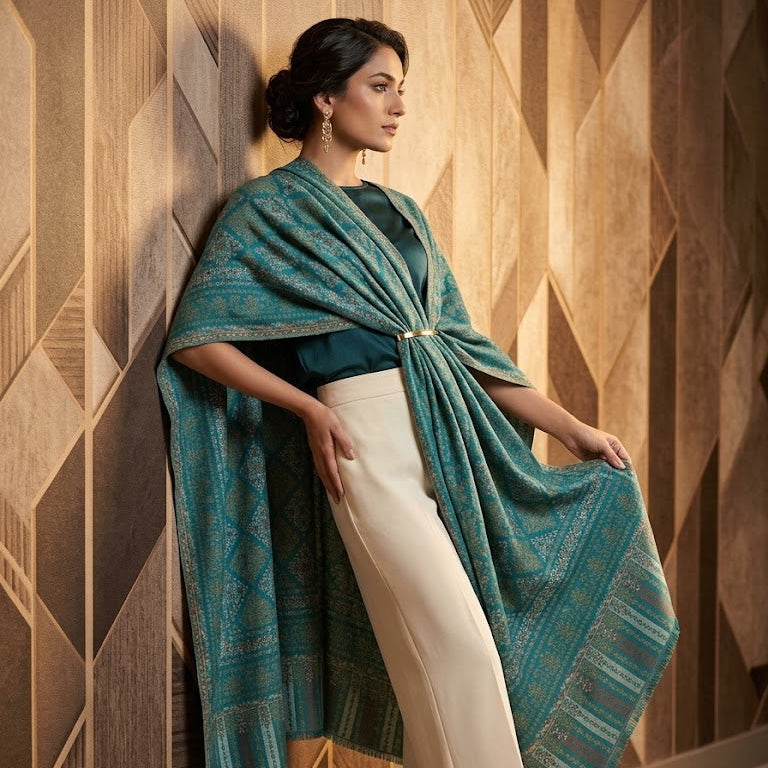 A woman models a teal and green patterned shawl draped over her shoulders, paired with cream wide-leg trousers and gold heels, standing against a geometric wood-paneled wall.