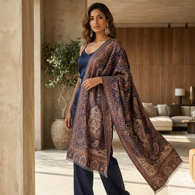 A woman models a luxurious patterned shawl draped over her shoulders, styled with a navy blue top and wide-leg trousers in a warm, modern indoor setting with beige walls and wooden accents.