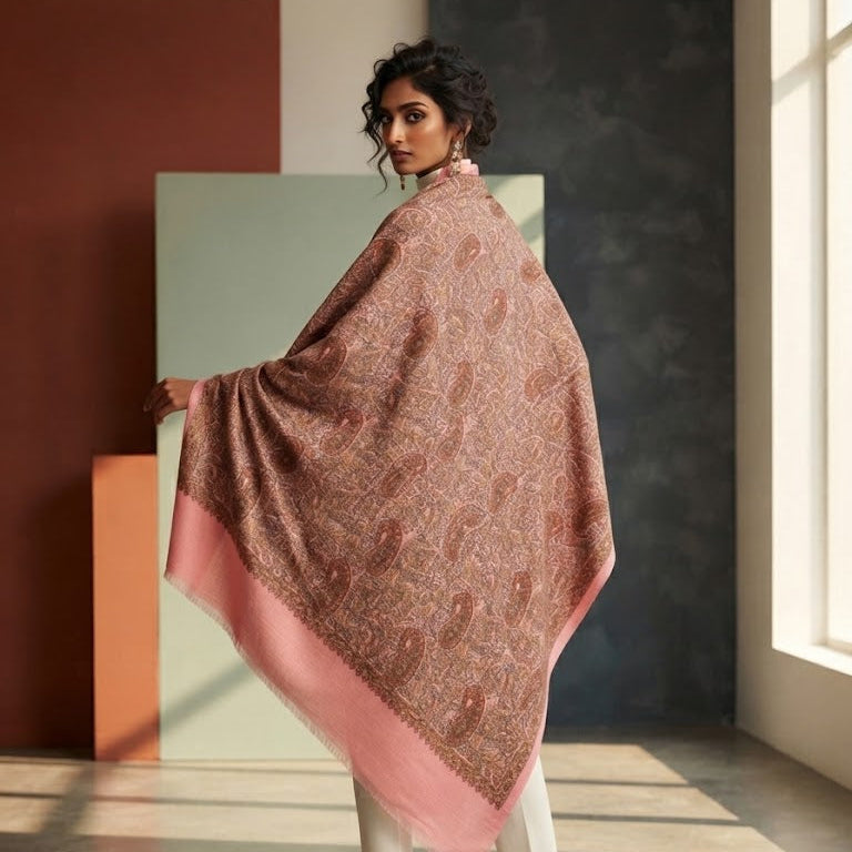 A woman models a large dusty pink shawl with a subtle paisley pattern and a solid pink border, paired with white trousers and beige heels in a modern studio setting.