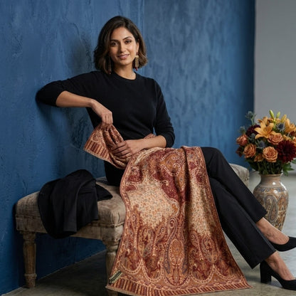 Woman holding a patterned fabric against a blue wall