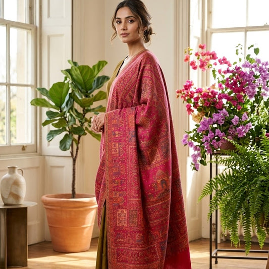 Pure Wool Kani Shawl in Magenta Pink  