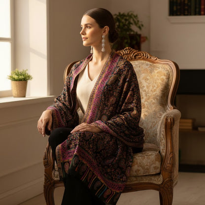 Woman sitting in an ornate chair wearing a patterned shawl in a softly lit room.