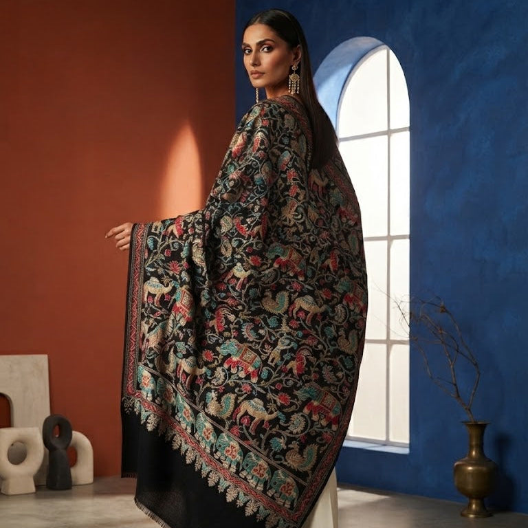 A woman models a large black dupatta with intricate multicolor floral and animal embroidery, posed in a styled studio setting with a terracotta and blue wall background.