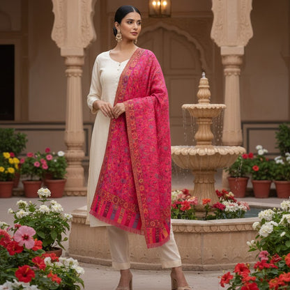 Woman in a pink and white traditional outfit standing in a decorative courtyard with a fountain and flowers.