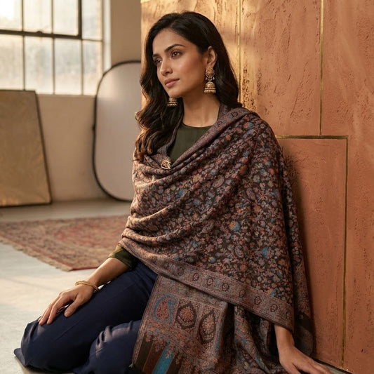 A woman sits on the floor in a rustic studio setting, draped in a dark brown shawl with intricate multicolor floral patterns and a decorative border. She is wearing navy blue pants and a green top, with warm light casting soft shadows on the floor.