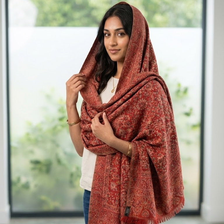 A woman modeling a rust-red and brown patterned shawl with fringe, styled over a white top and blue jeans in a bright, modern indoor setting.