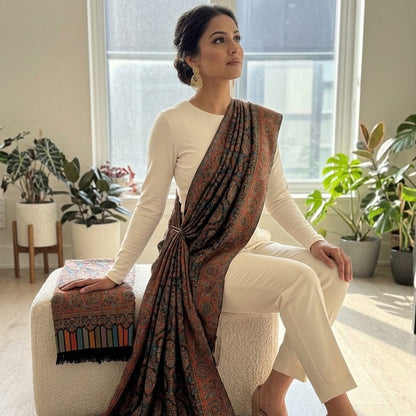 A woman sits on a white textured bench in a bright room, wearing a cream-colored outfit and beige heels, with a dark brown patterned shawl draped over her shoulder and across the bench. The shawl features intricate paisley designs and colorful striped fringe accents.