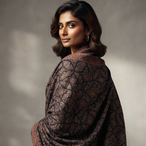 A woman wearing a dark brown and black patterned shawl over a dark gray outfit, photographed against a neutral studio backdrop.