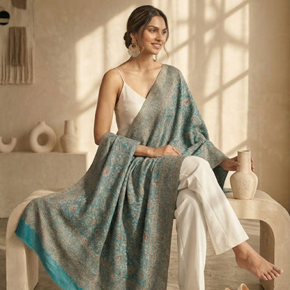 Woman sitting on a chair wearing a light blue and gray shawl in a well-lit room.