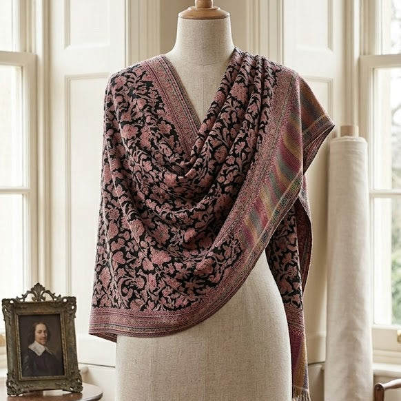 A patterned shawl draped over a cream-colored dress form mannequin in a bright, vintage-style room with tall windows.
